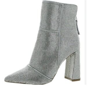 Steve Madden Tarra Silver Rhinestone Pointed Toe Block Heel Booties SZ 7.5